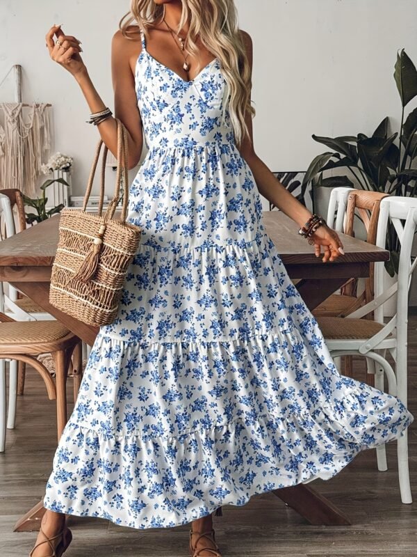 Women's Summer V-Neck Floral Print Strappy Dress - Sexy Backless Bowknot Flowy Maxi Party Dress - Image 6