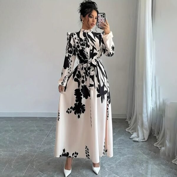 Women's Floral Print Long Sleeve Maxi Dress - Stand Collar A-Line Dress With Waist Detail, Lantern Sleeves & Ruffle Hem For Spring&Fall