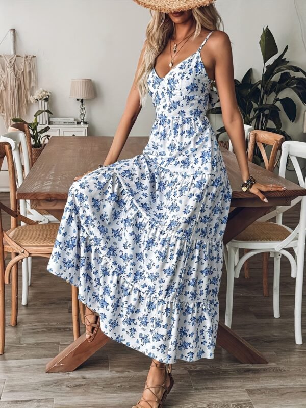 Women's Summer V-Neck Floral Print Strappy Dress - Sexy Backless Bowknot Flowy Maxi Party Dress - Image 10