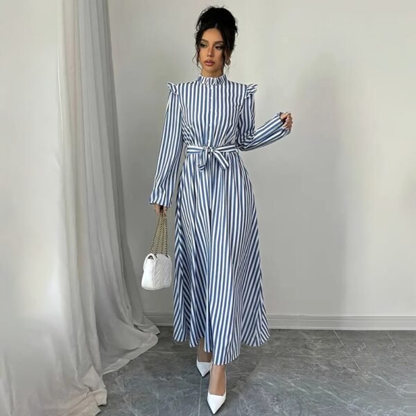 Women's Floral Print Long Sleeve Maxi Dress - Stand Collar A-Line Dress With Waist Detail, Lantern Sleeves & Ruffle Hem For Spring&Fall - Image 9