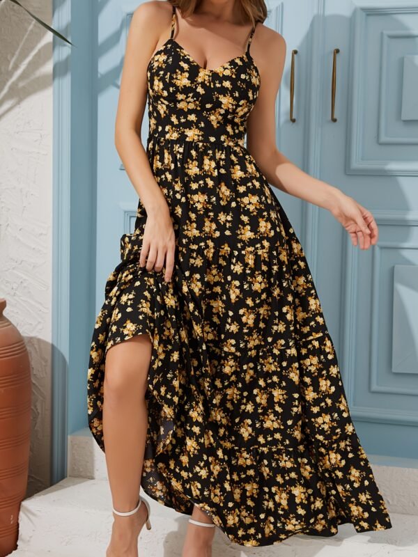 Women's Summer V-Neck Floral Print Strappy Dress - Sexy Backless Bowknot Flowy Maxi Party Dress - Image 7