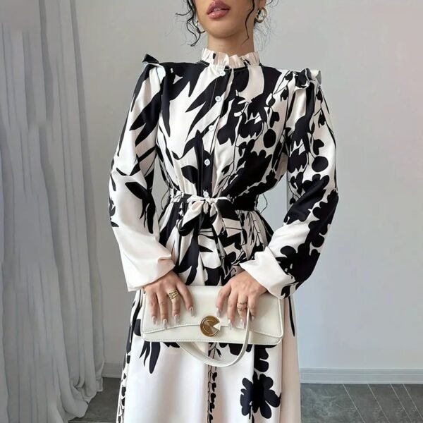 Women's Floral Print Long Sleeve Maxi Dress - Stand Collar A-Line Dress With Waist Detail, Lantern Sleeves & Ruffle Hem For Spring&Fall - Image 10