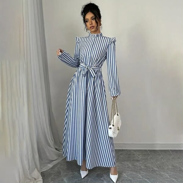 Women's Floral Print Long Sleeve Maxi Dress - Stand Collar A-Line Dress With Waist Detail, Lantern Sleeves & Ruffle Hem For Spring&Fall - Image 8