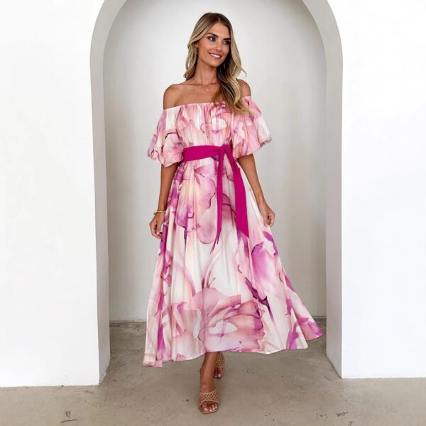 European American Summer New Temperament Shoulder Waist Puff Sleeve Printed Large Swing Dress - Image 4