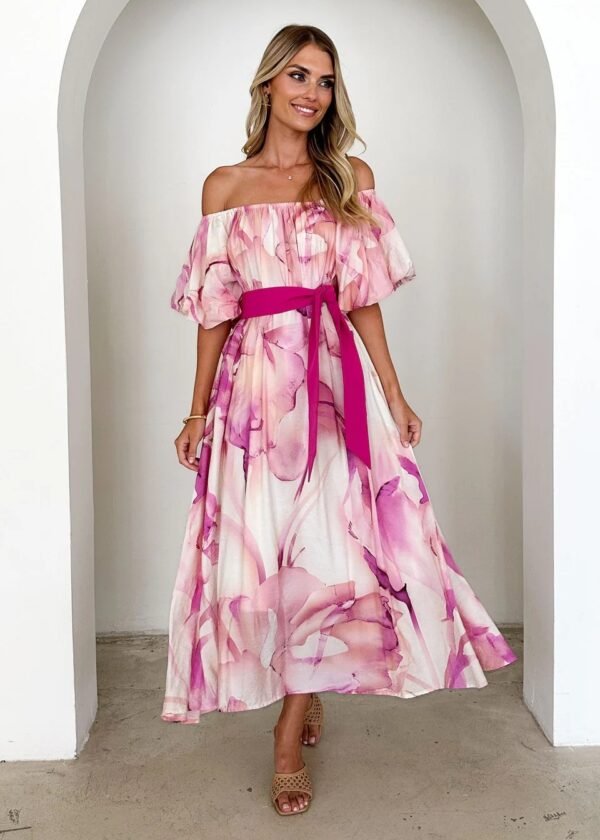 European American Summer New Temperament Shoulder Waist Puff Sleeve Printed Large Swing Dress - Image 2