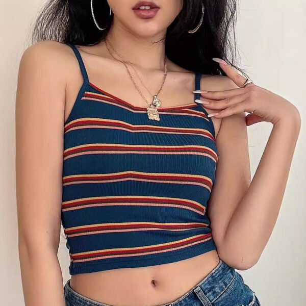 European And American Women's Clothing New Retro Contrast Color Striped Sexy Sling - Image 4