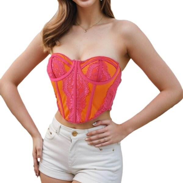 European And American Color Matching Chest Wrap Splicing Lace Top - Image 2