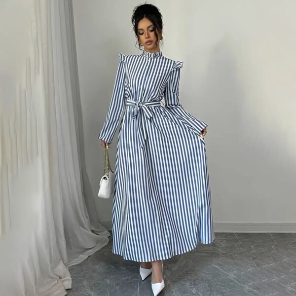 Women's Floral Print Long Sleeve Maxi Dress - Stand Collar A-Line Dress With Waist Detail, Lantern Sleeves & Ruffle Hem For Spring&Fall - Image 3