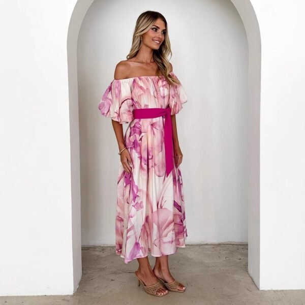 European American Summer New Temperament Shoulder Waist Puff Sleeve Printed Large Swing Dress - Image 7