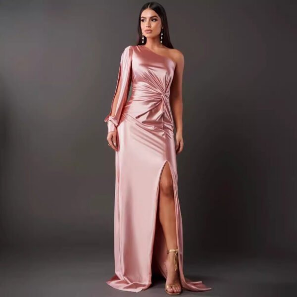 Women's One-shoulder Split Dress Ins Fashion Long-sleeved Slim Long Dresses Party Evening Clothing - Image 2