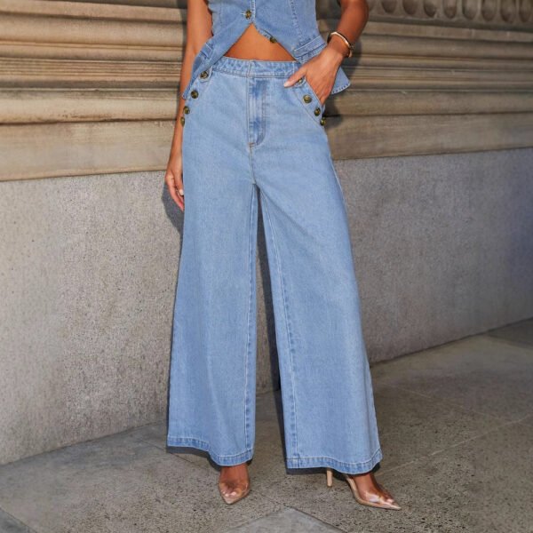 Denim Vest Suits Fashion Sleeveless Button Tops And Wide Leg Straight Pants With Pockets Women's Trousers Set - Image 10