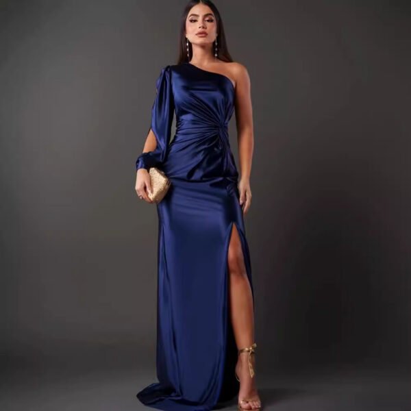 Women's One-shoulder Split Dress Ins Fashion Long-sleeved Slim Long Dresses Party Evening Clothing - Image 8