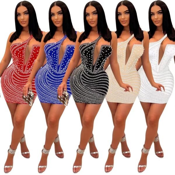 Oblique Shoulder Hot Drill Hip Bag Sleeveless Dress For Women - Image 7