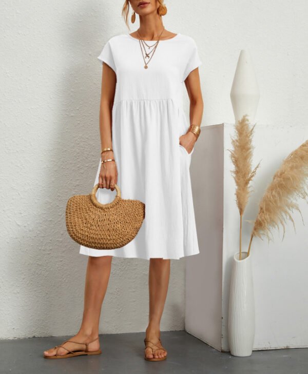 Summer Short-sleeved Dress With Pockets Fashion Solid Round Neck A-line Dresses For Women Clothing - Image 9
