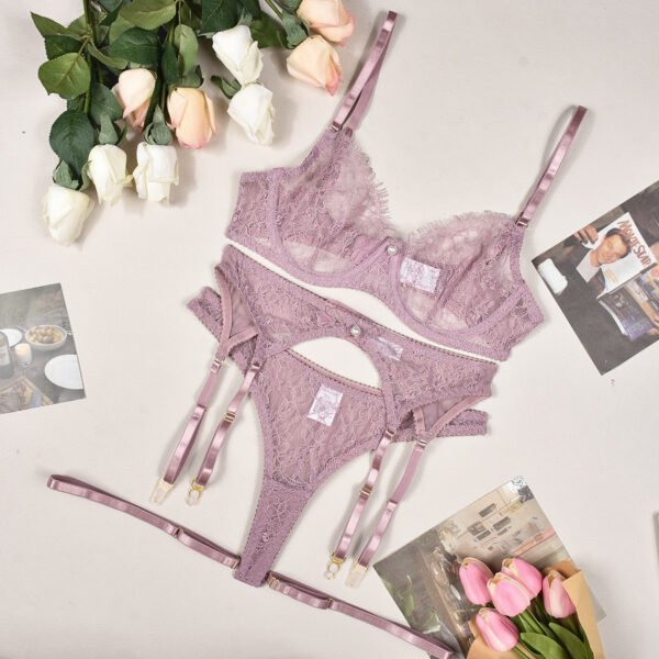 Bra See-through Lace Pearl Decorative Sexy Lingerie 4-piece Set - Image 2