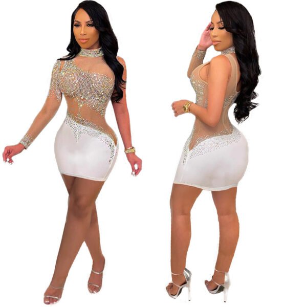 Women's Mesh Pressed Diamond Turtleneck Long Sleeve Dress - Image 7