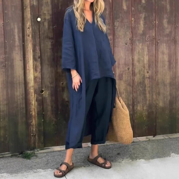 2pcs Long-sleeved Suits Loose V-neck Long Top And High Waist Wide Leg Pants With Pockets Women's Clothing - Image 6