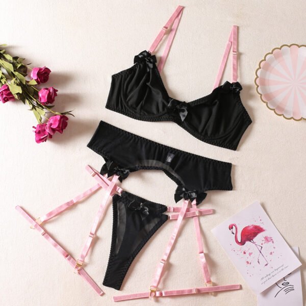 Lace Color Matching Leg Ring Steel Ring Hot Sexy Garter Bow Three-piece Set - Image 7
