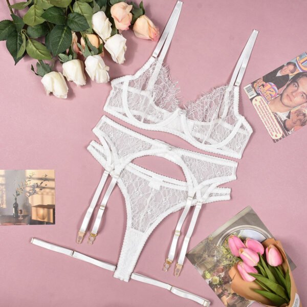 Bra See-through Lace Pearl Decorative Sexy Lingerie 4-piece Set - Image 9