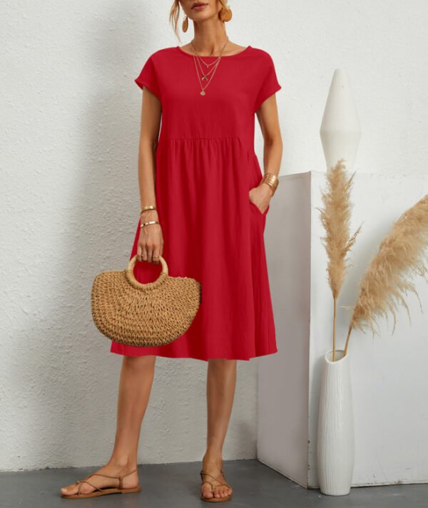 Summer Short-sleeved Dress With Pockets Fashion Solid Round Neck A-line Dresses For Women Clothing - Image 10