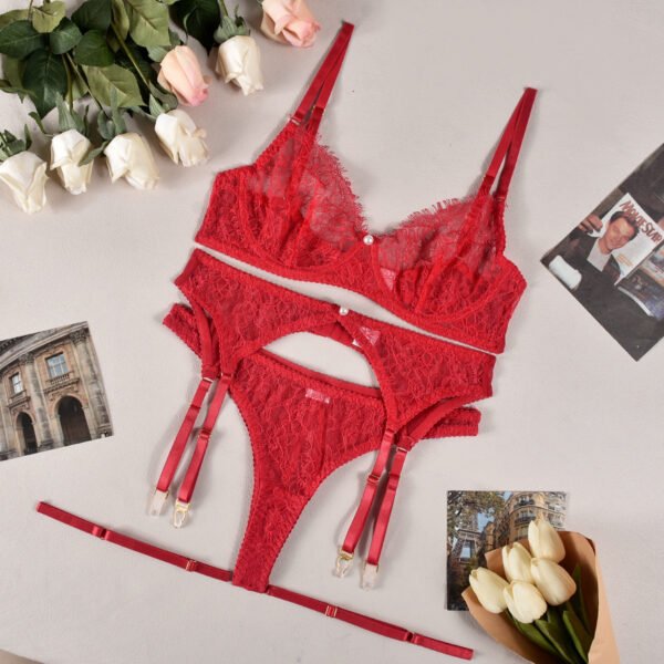 Bra See-through Lace Pearl Decorative Sexy Lingerie 4-piece Set - Image 6