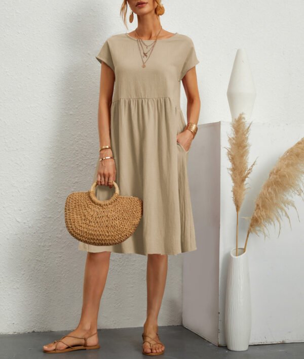 Summer Short-sleeved Dress With Pockets Fashion Solid Round Neck A-line Dresses For Women Clothing - Image 7