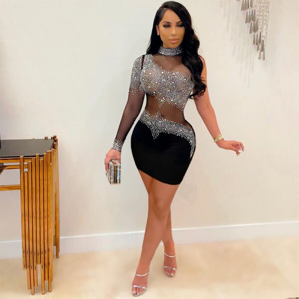 Women's Mesh Pressed Diamond Turtleneck Long Sleeve Dress - Image 4
