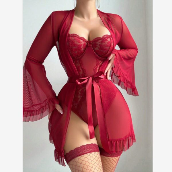 Women's Fashion Solid Color Lace Slip Dress Set - Image 3