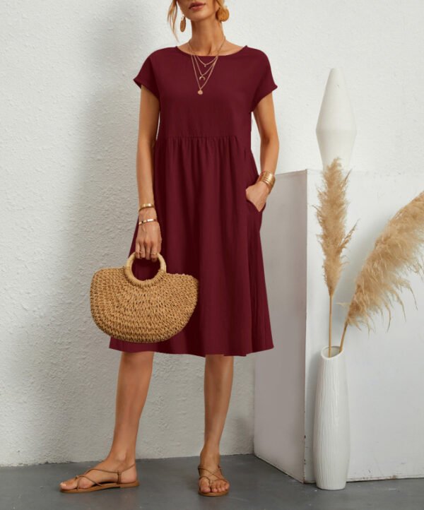 Summer Short-sleeved Dress With Pockets Fashion Solid Round Neck A-line Dresses For Women Clothing - Image 2