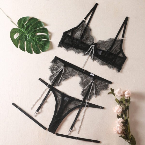 Chain Lace Bra Black See-through Sexy Underwear Suit - Image 6