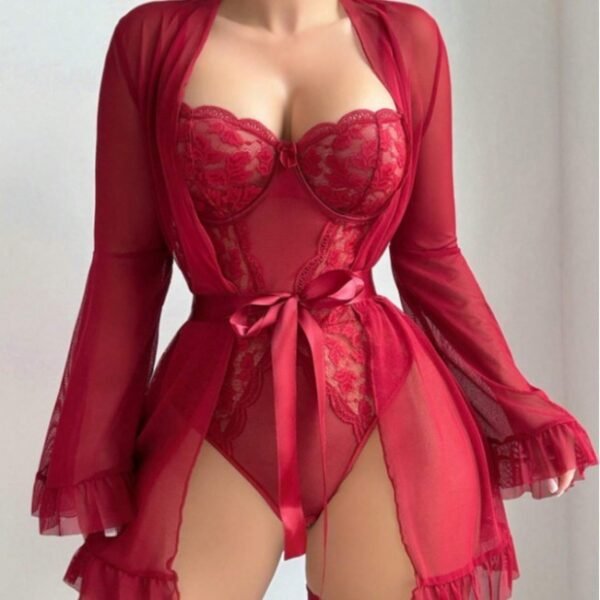 Women's Fashion Solid Color Lace Slip Dress Set - Image 4