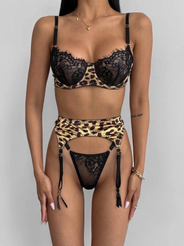 Sexy Leopard Print Stitching Lace See-through Sexy Lingerie Three-piece Set - Image 4