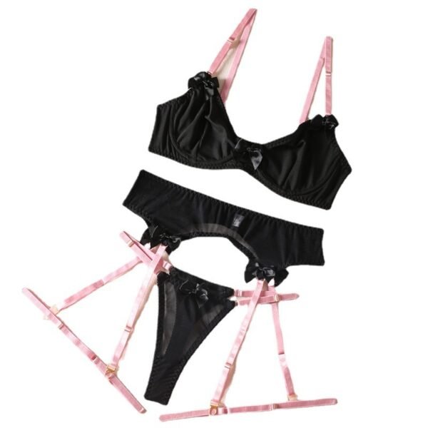 Lace Color Matching Leg Ring Steel Ring Hot Sexy Garter Bow Three-piece Set - Image 5